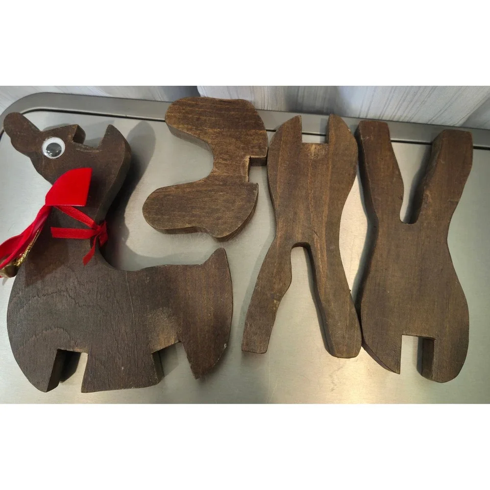 Vintage Handmade Wooden Reindeer Figurine Rustic Christmas Decor Red Bow Bell
